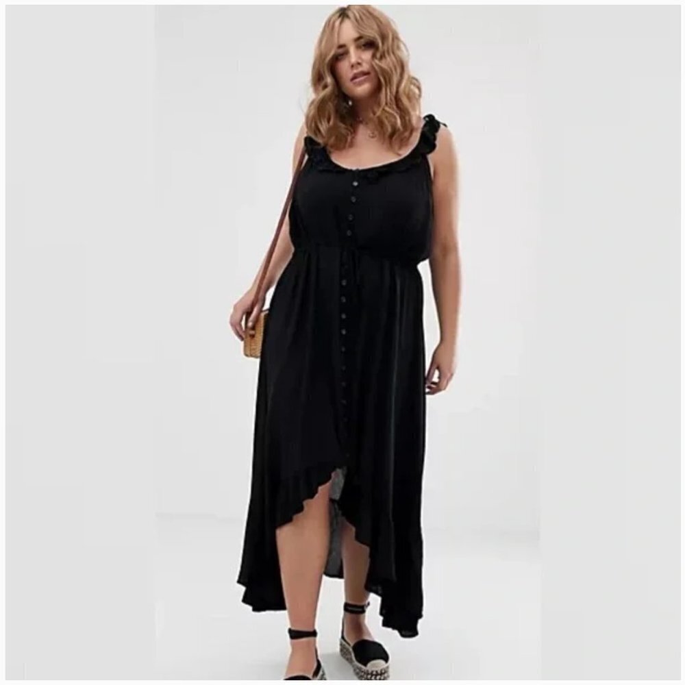 City Chic Black Viscose Ruffle Strap Button Front V-neck Maxi Dress Plus Size 16
